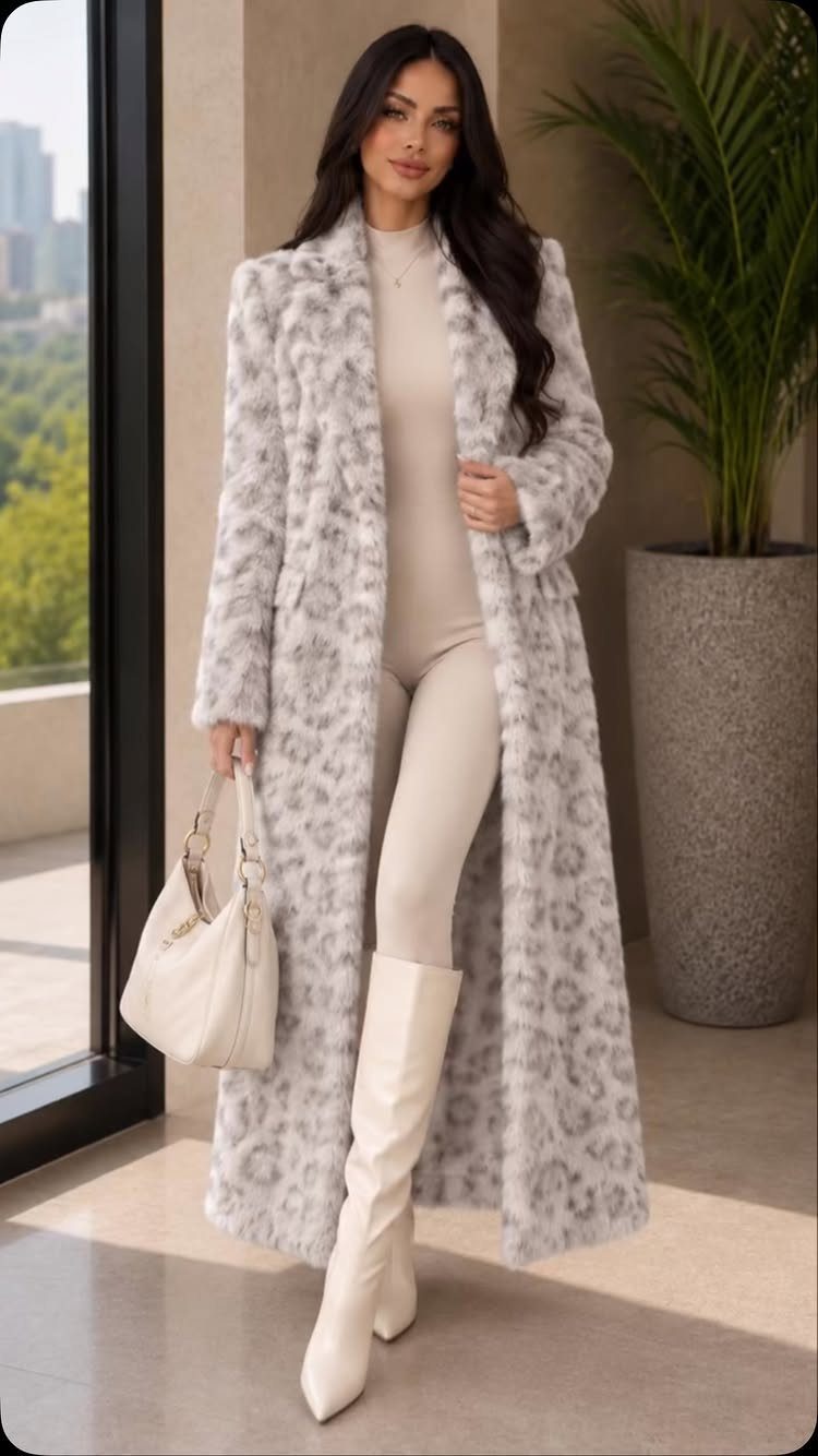 Woman wearing a long grey leopard print faux fur coat and white boots.