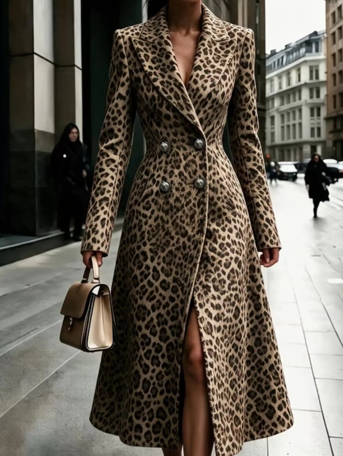 Person wearing a long leopard print double-breasted coat and holding a beige handbag.