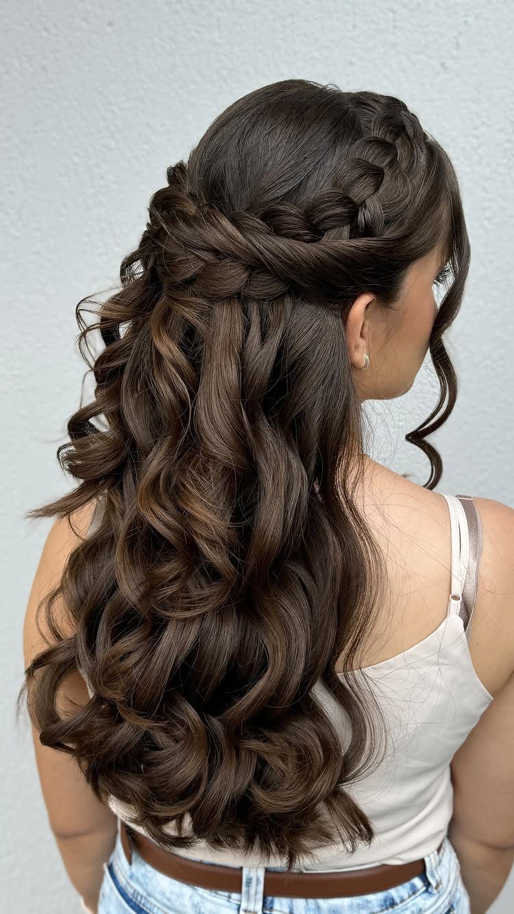 Woman with long wavy brown hair in a braided half-up hairstyle.