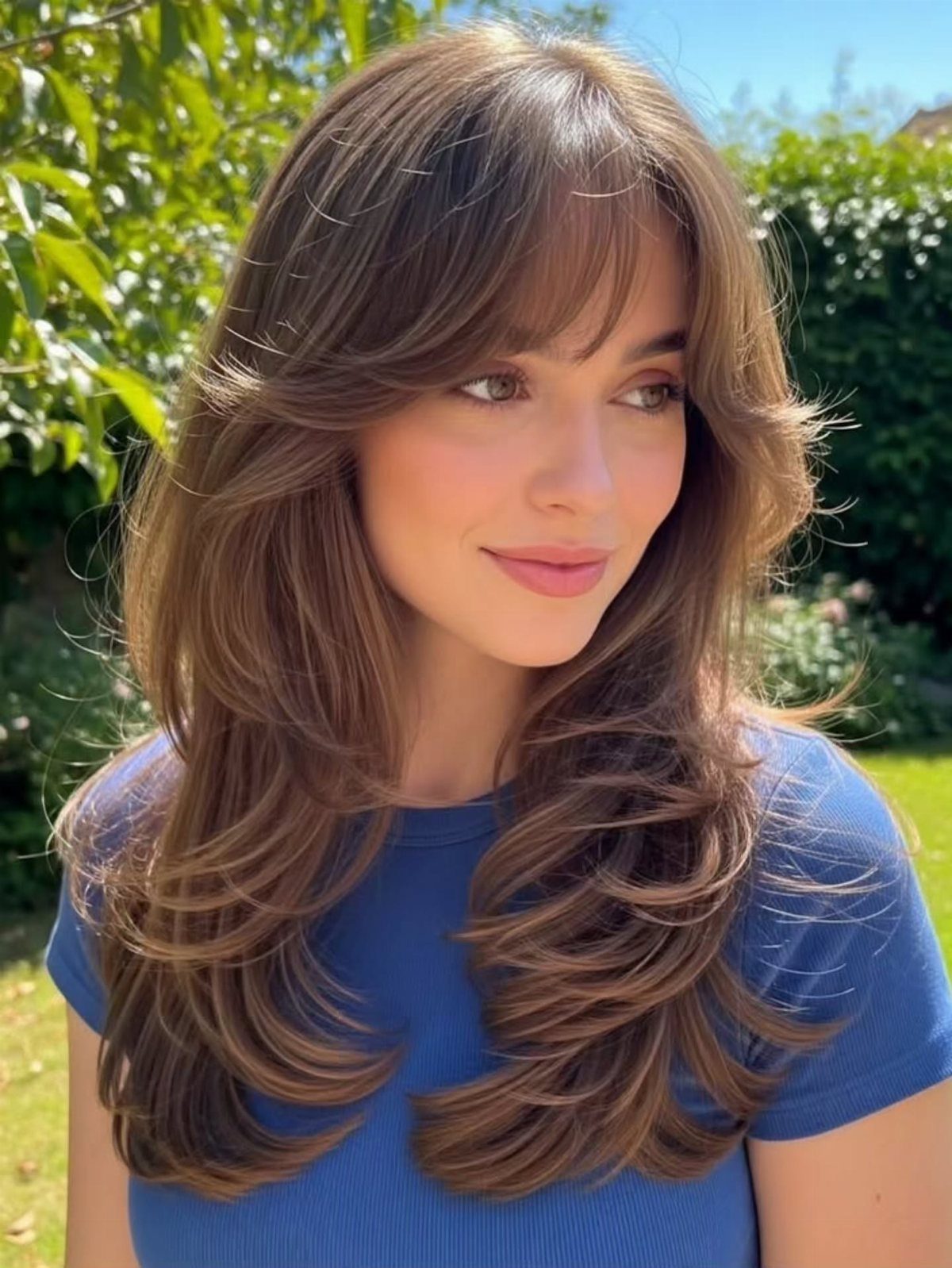 9 Medium Length Perm Hair Ideas with Waves and Curls 3 Woman with brown hair featuring straight bangs and voluminous wavy layers outdoors