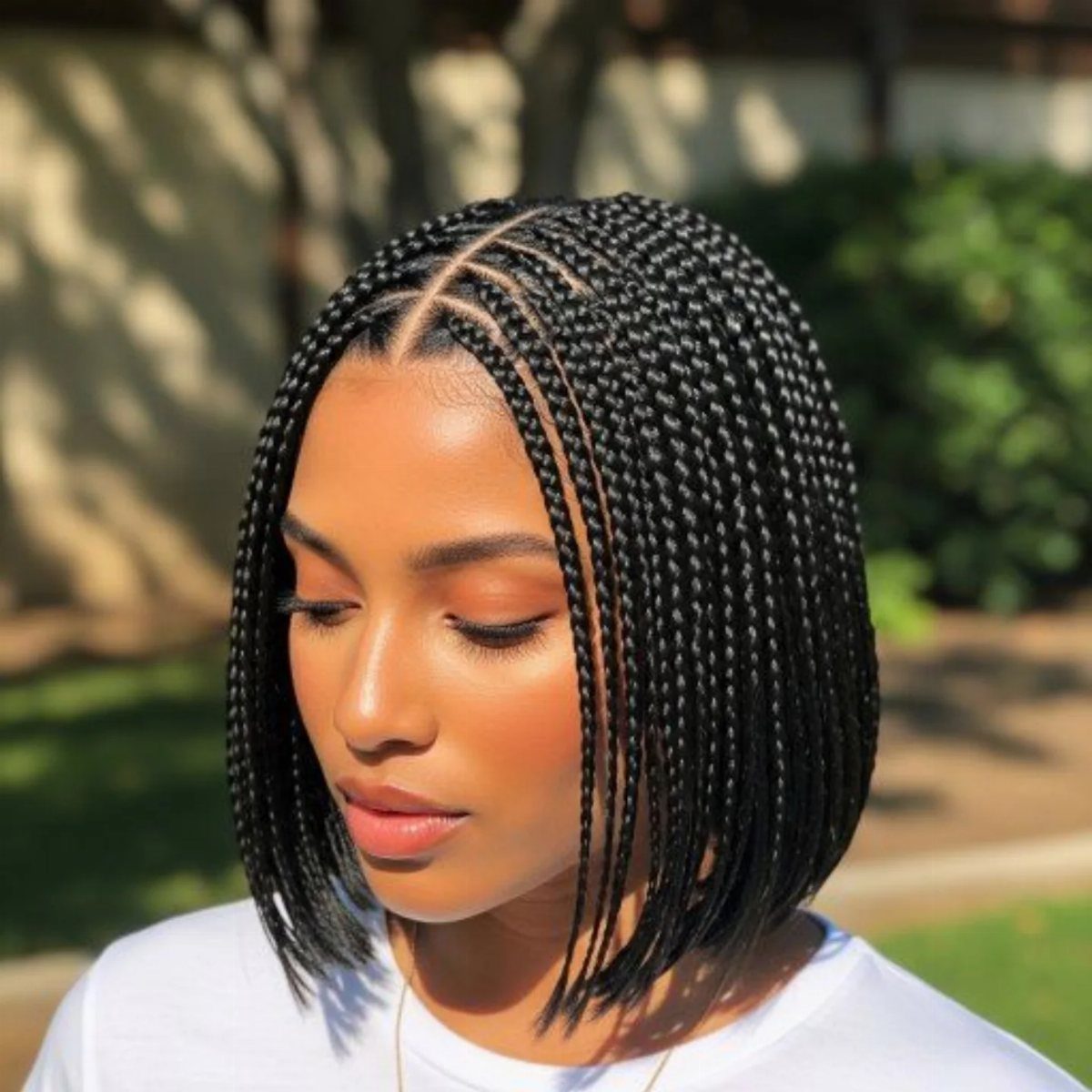 Woman with a chin-length braided bob hairstyle wearing a white t-shirt outdoors.