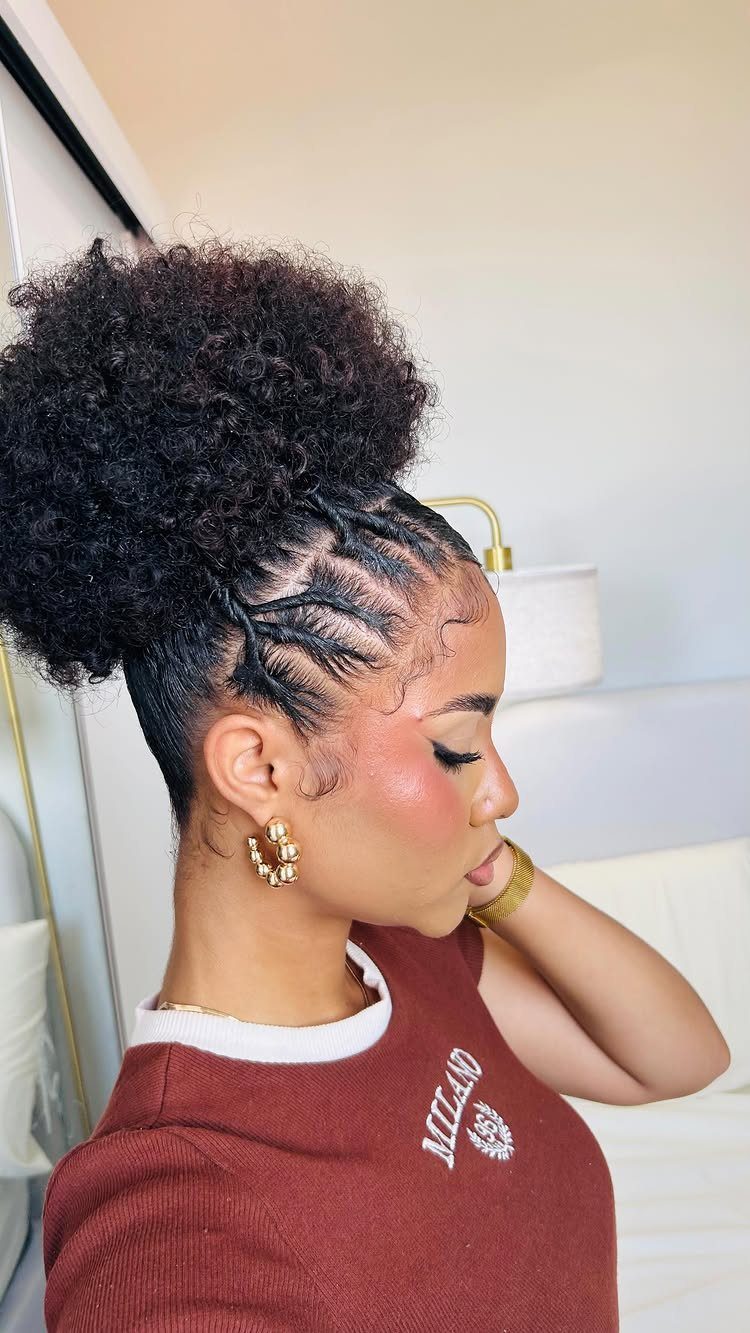 Woman with curly hair styled in a high puff and side braids.
