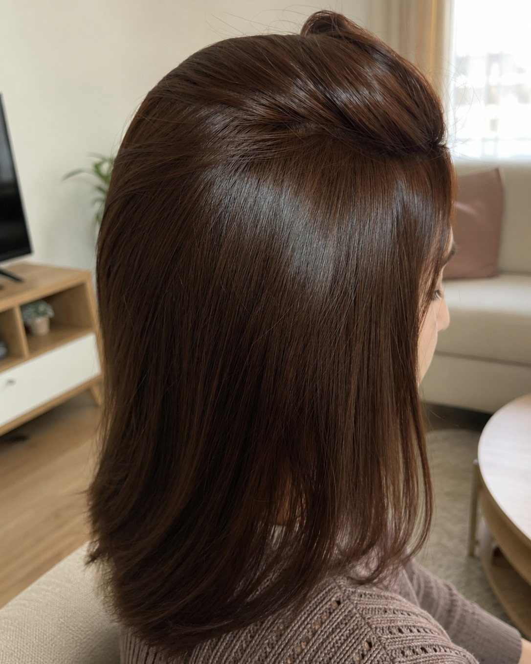 Dark espresso brown hair with a glossy finish on a woman's shoulder-length cut.