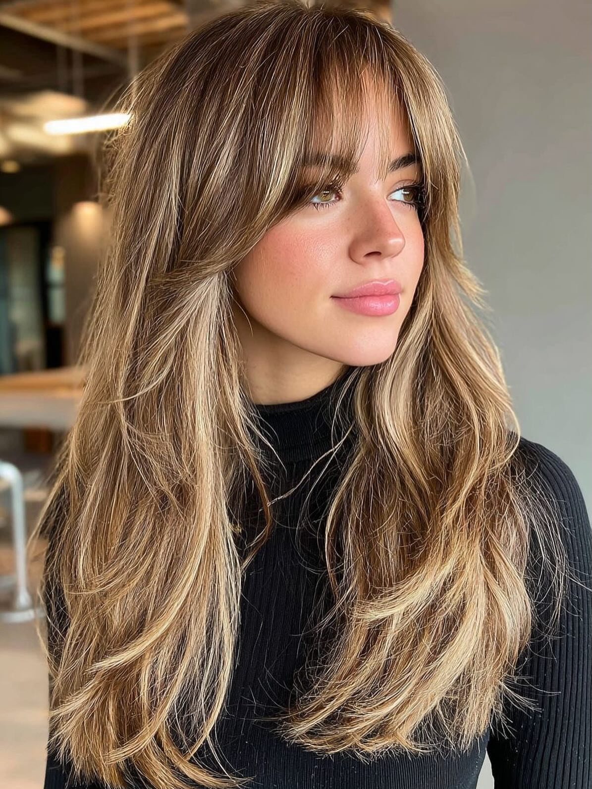 Woman with layered light brown hair and golden highlights wearing a black turtleneck.