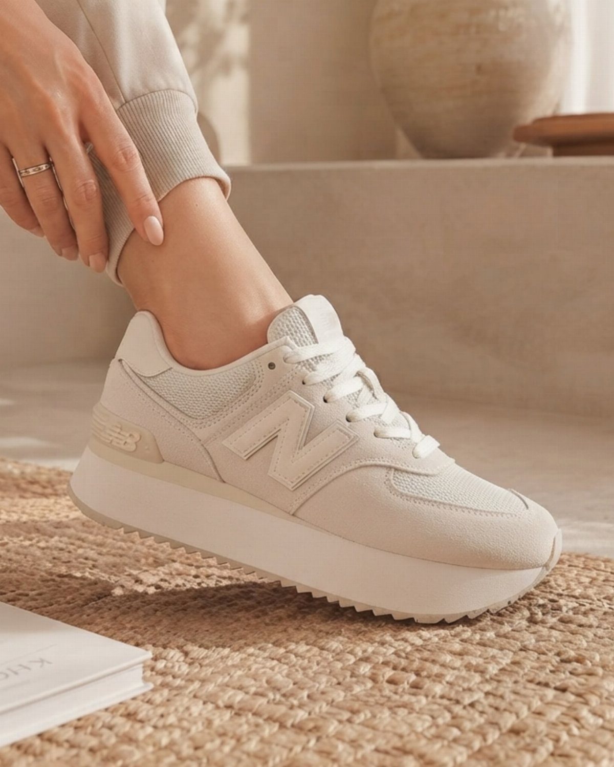 New Balance Shoes Beige: 5 Ideas for Everyday Outfits 4 Beige New Balance sneakers with thick white soles worn on a jute rug.