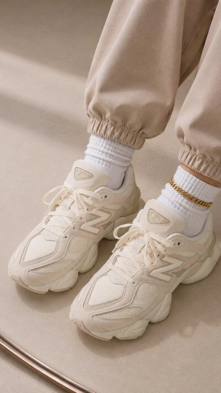 New Balance Shoes Beige: 5 Ideas for Everyday Outfits 1 Beige New Balance 9060 chunky sneakers worn with white socks and beige joggers.