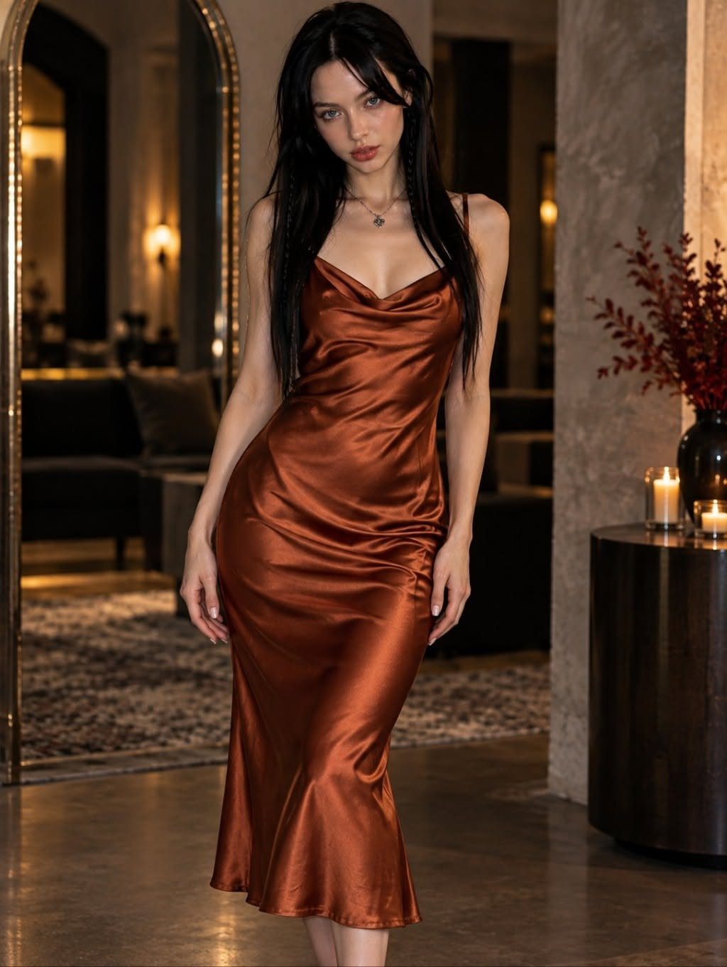 Woman wearing a copper-colored satin slip dress with a cowl neckline in a room.