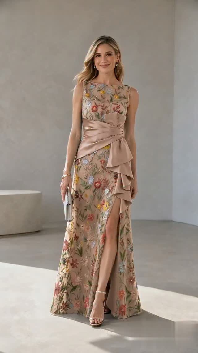 Woman in a long floral print dress with a high slit and satin bow.