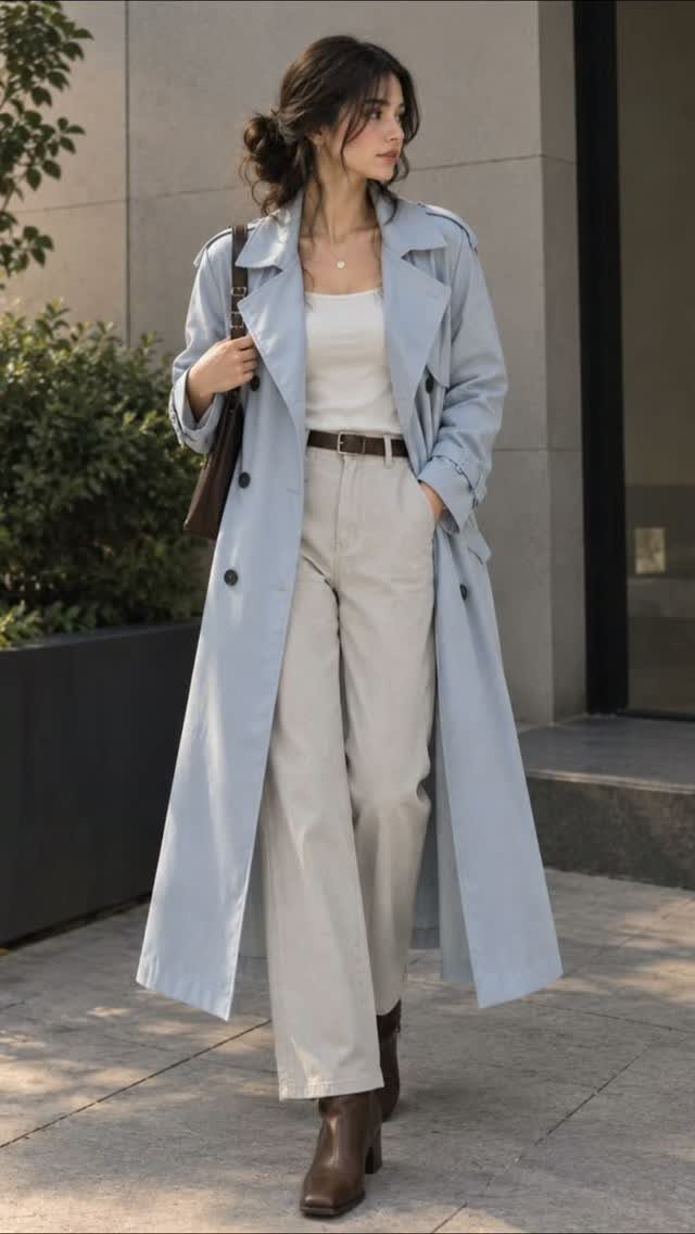 Woman in light blue trench coat, white top, and cream wide-leg trousers.