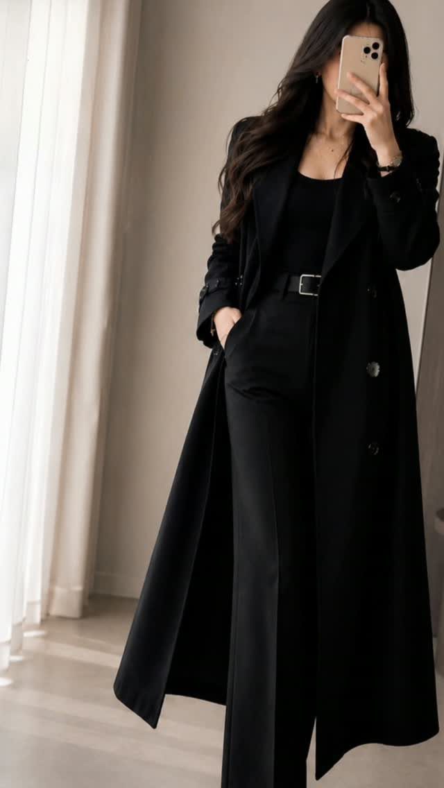 Woman wearing an all black outfit with a long coat and trousers.