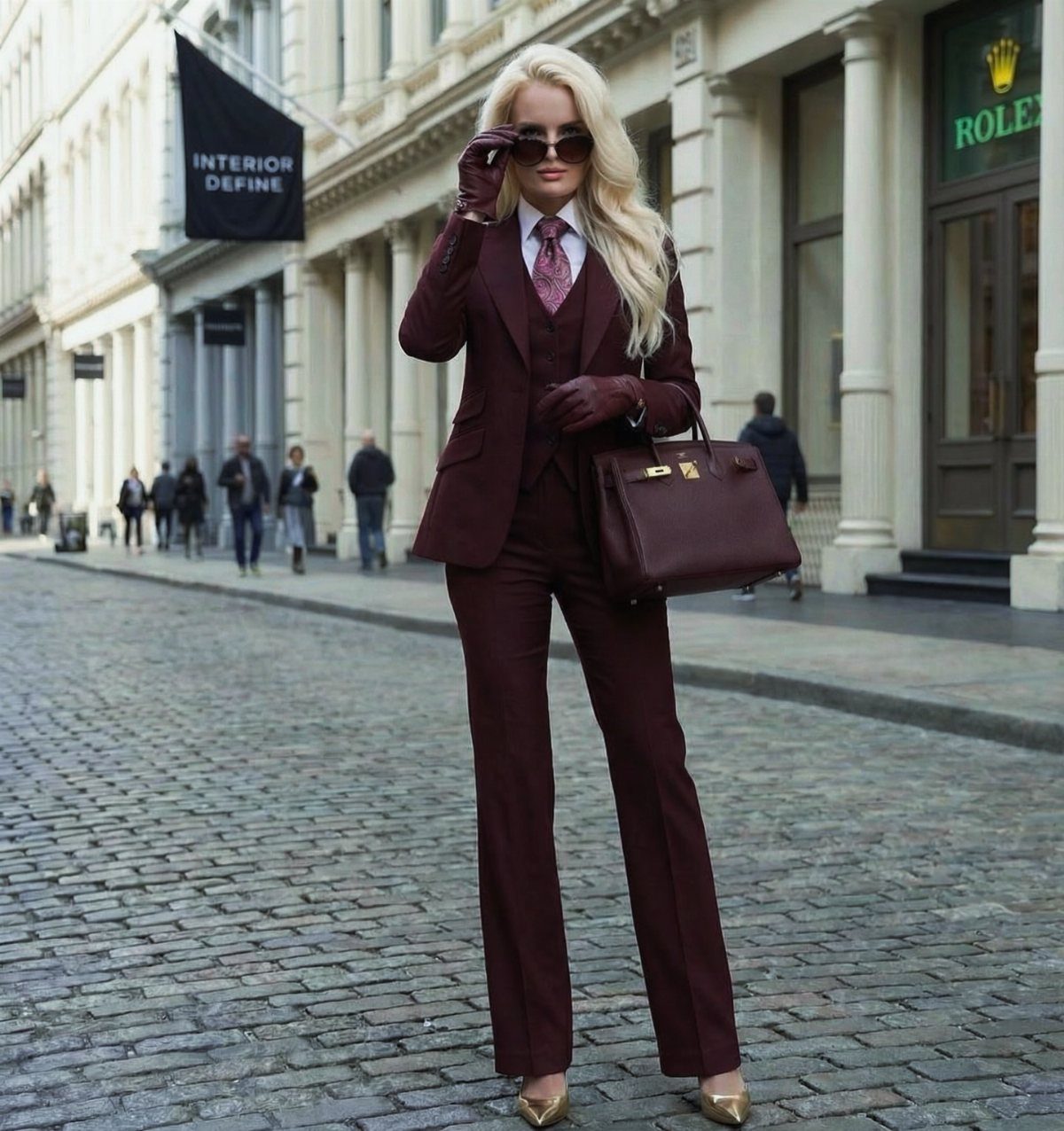 Woman in a burgundy three-piece suit with a handbag on a cobblestone street.