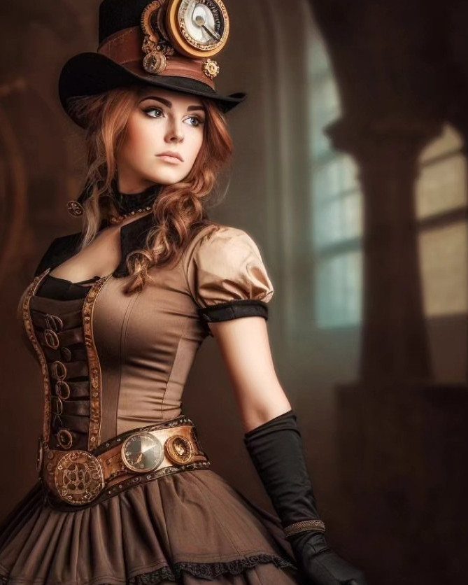 Period Piece Dresses: 5 Ideas, From Victorian to Steampunk 4 Woman in a brown steampunk Victorian dress with a gear-adorned top hat.