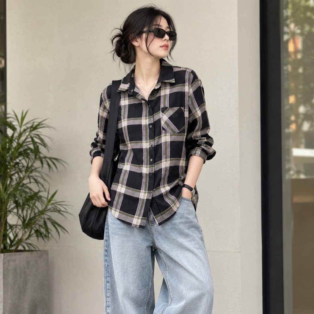 Woman wearing a black and white plaid shirt with light blue wide leg jeans