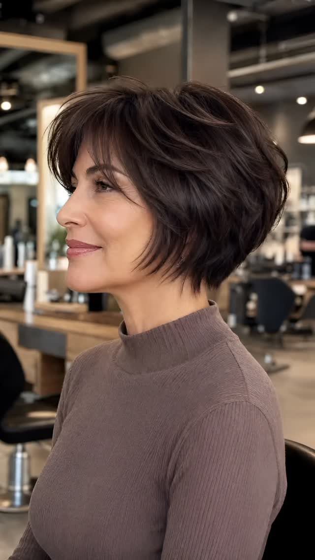 Woman with a voluminous layered dark brown pixie bob haircut in a salon.
