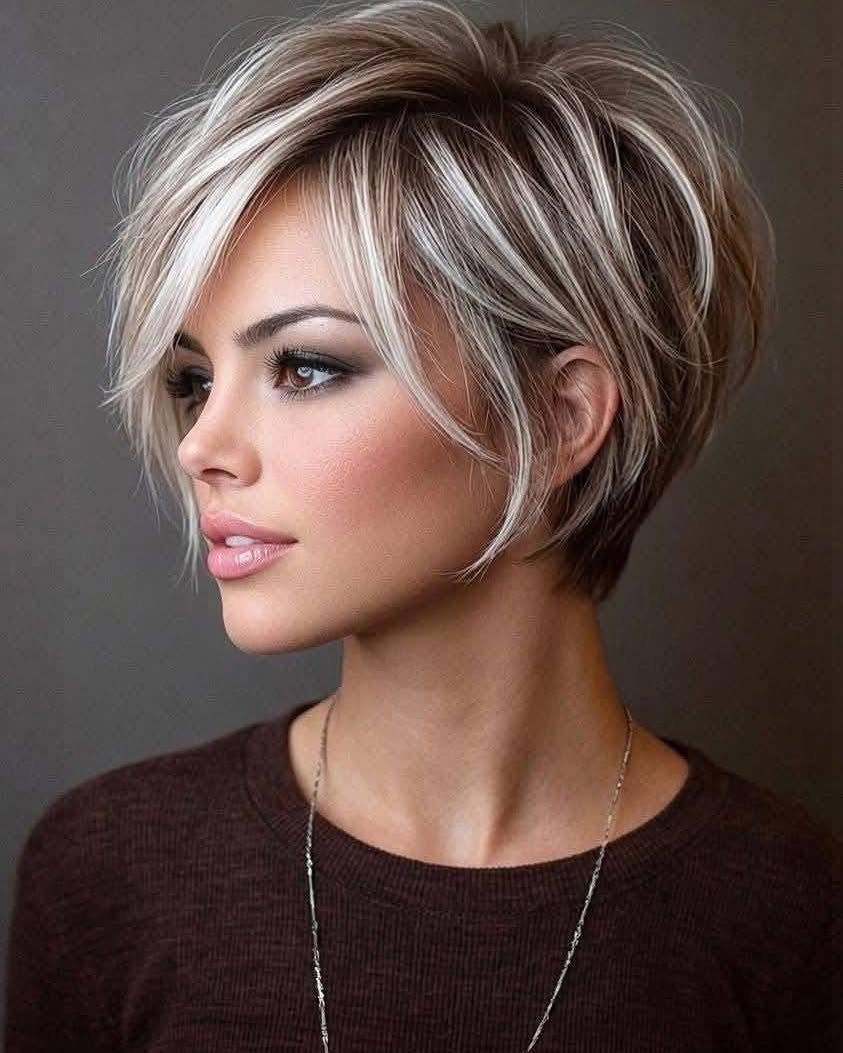 Woman with a voluminous, textured short bob haircut with blonde highlights.