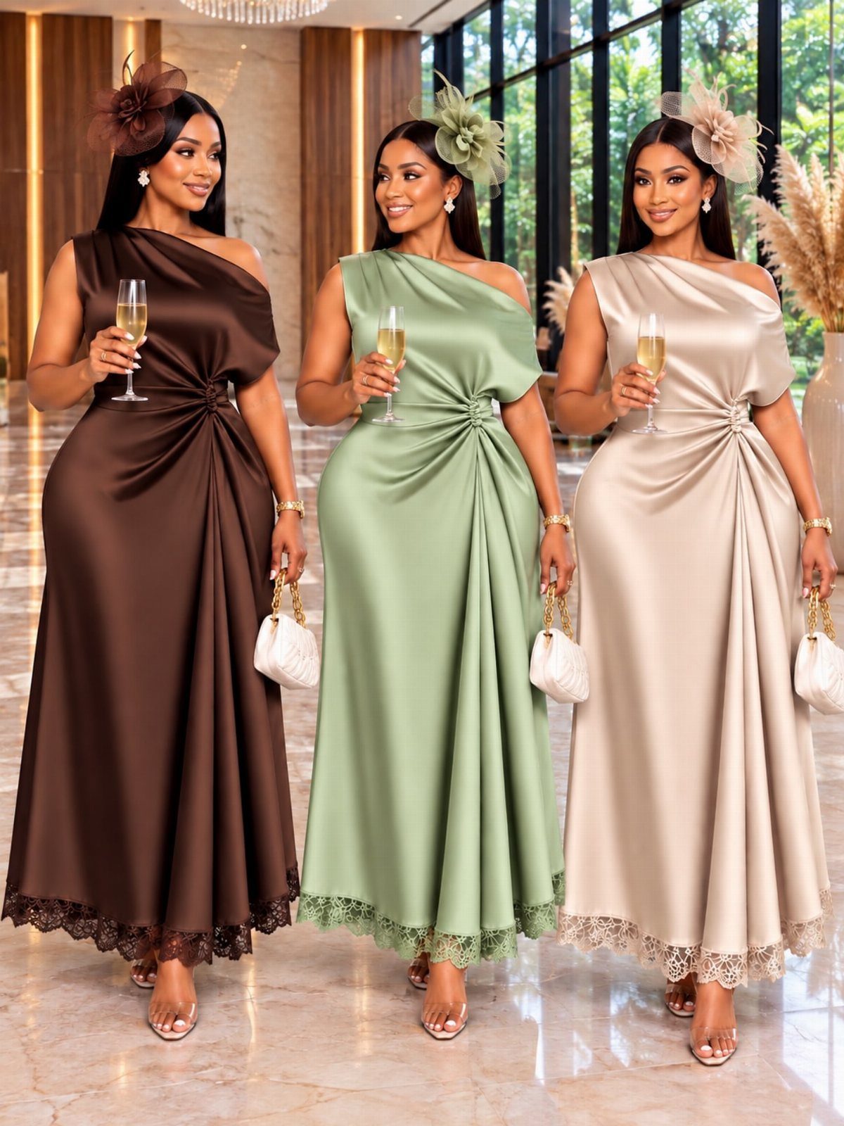 Semi Formal Gown vs Formal Gown: 6 Ideas to Compare 4 Three women in one-shoulder satin gowns with fascinators holding champagne glasses indoors.