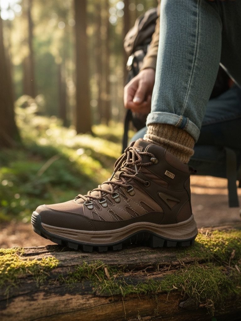 Brown hiking boots on a person standing on a mossy log in woods
