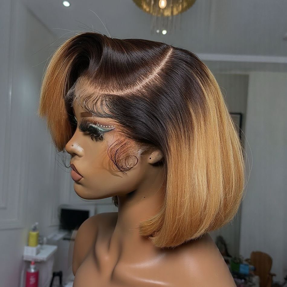 Honey blonde bob cut wig with dark roots on a mannequin head