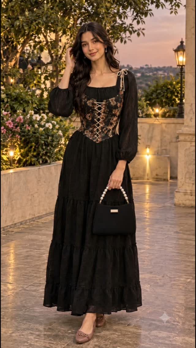 Woman in a black maxi dress with a floral corset bodice and pearl handbag.