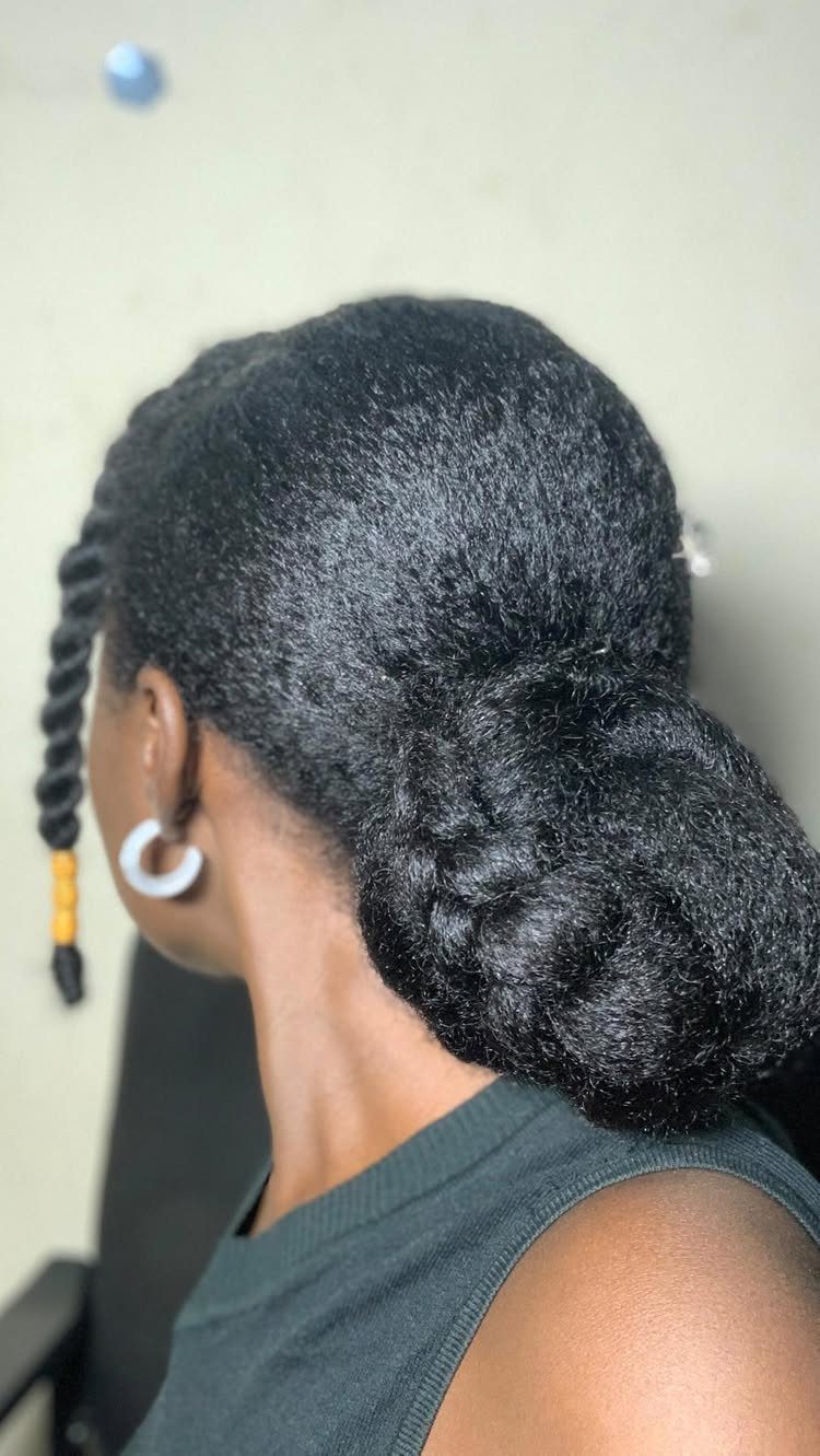 Black hair styled in a low twisted bun with a single hanging twist.