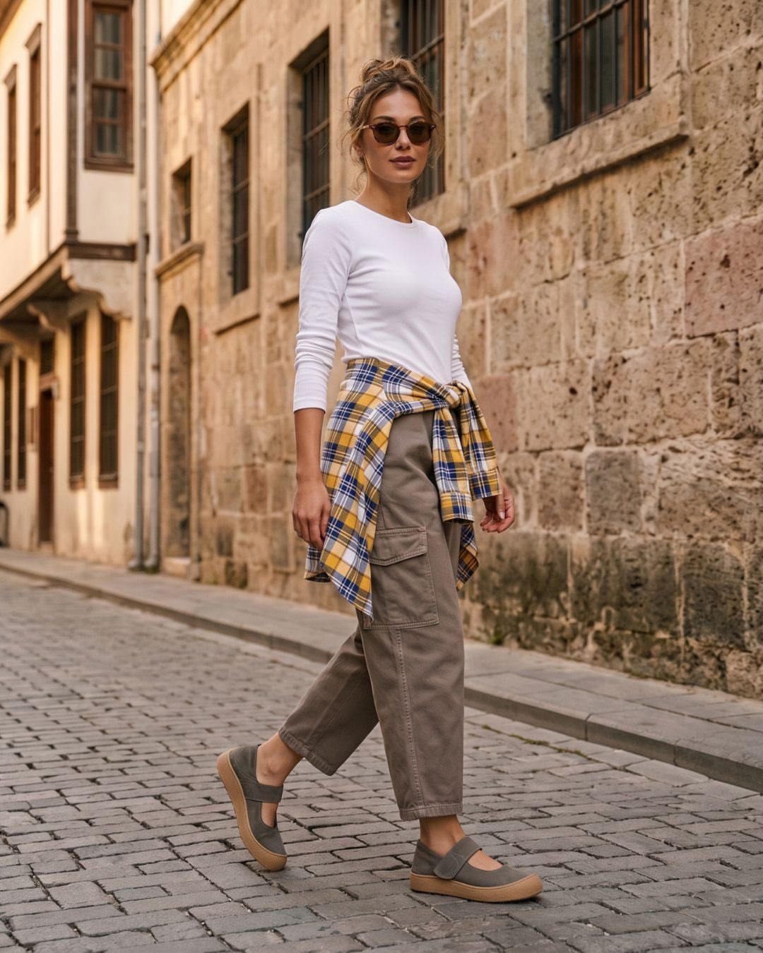 Woman walking on cobblestone street wearing olive green cargo pants and walking shoes.