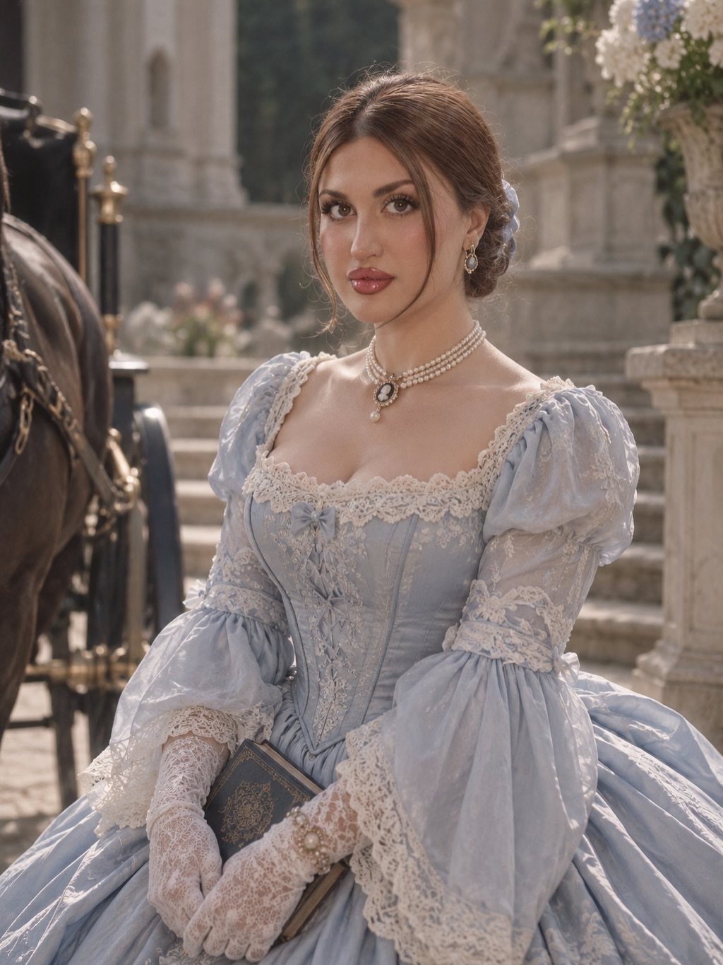 Woman in a light blue Victorian gown with lace details holding a book.