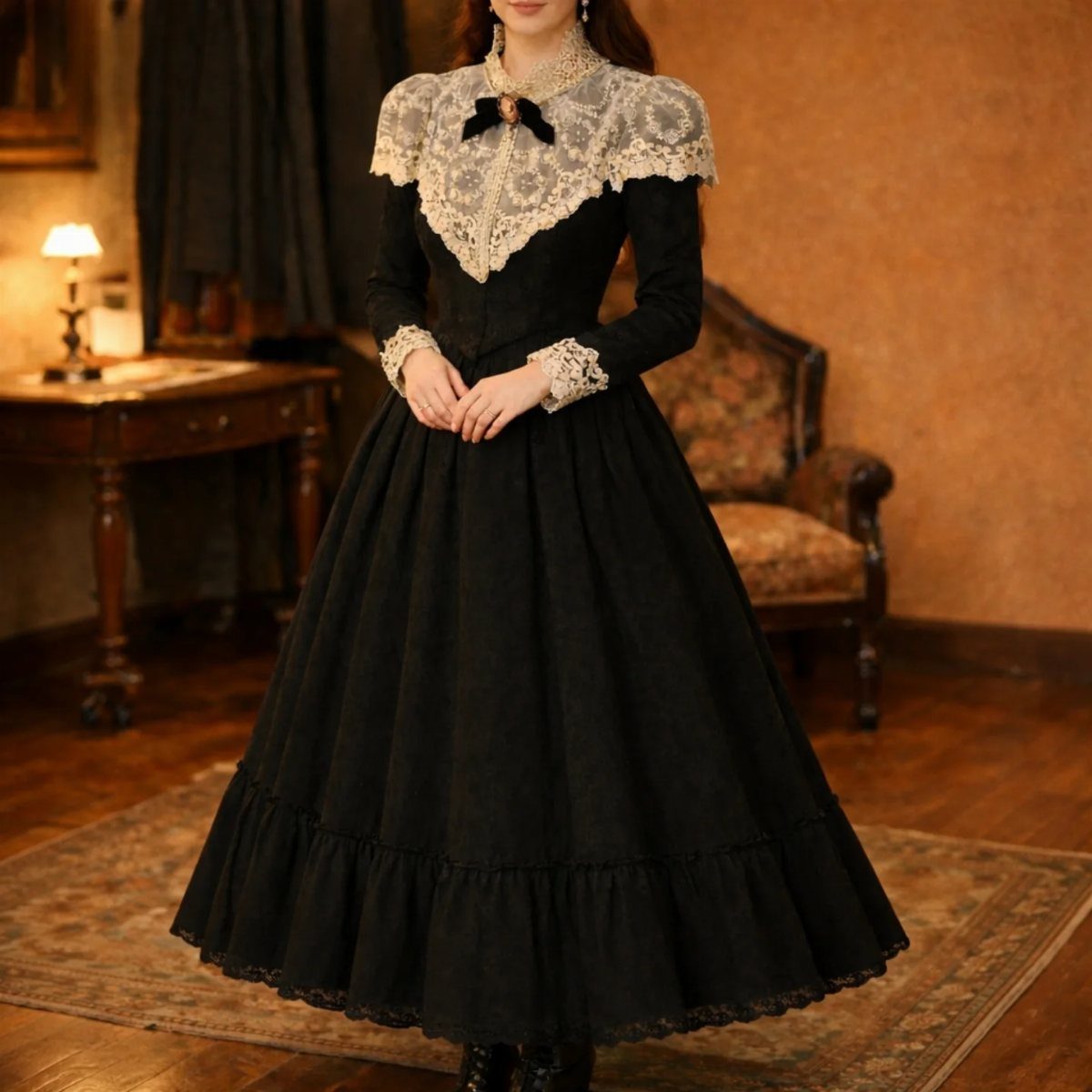 Woman wearing a black Gothic Victorian dress with a white lace collar