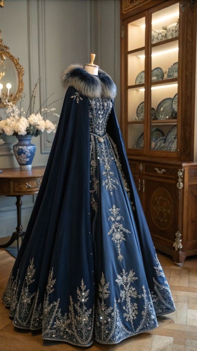Navy blue Victorian royal gown with silver embroidery and fur-collared cape on mannequin.